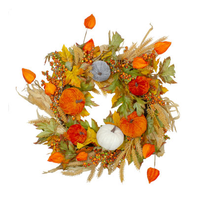 Northlight Velvet Pumpkins And Wheat Artificial Fall Harvest 24-Inch Unlit Wreath