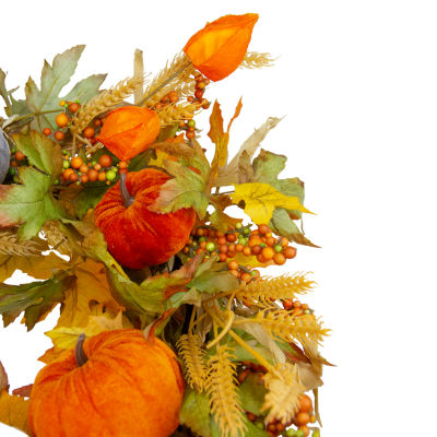 Northlight Velvet Pumpkins And Wheat Artificial Fall Harvest 24-Inch Unlit Wreath