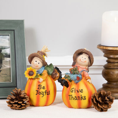 Northlight 6" Girl And Boy Scarecrows On Pumpkins Fall 2-pc. Thanksgiving Figurine