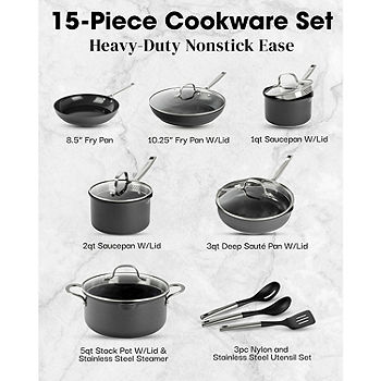 T-fal Cook & Strain Nonstick Cookware Set, 14 piece Set, Black