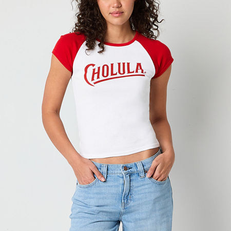 Ripple Junction Cholula Raglan Semi Fit Cropped Tee Girls Crew Neck Short Sleeve Fitted Juniors Graphic T-Shirt, Small, White