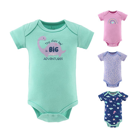 The Peanutshell Dino Girl Baby Girls Round Neck Short Sleeve 4-pc. Bodysuit, Newborn, Pink