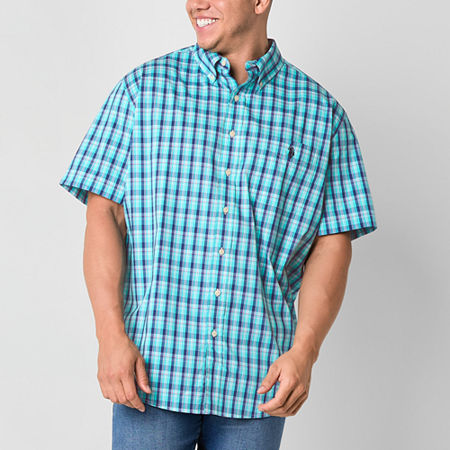 U.S. Polo Assn. Stretch Slub Big and Tall Mens Classic Fit Short Sleeve Plaid Button-Down Shirt, X-large Tall, Blue