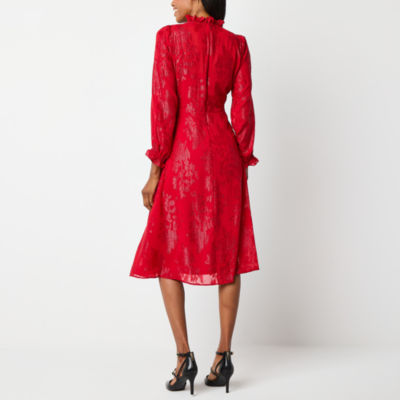 Liz claiborne womens long sleeve floral midi a line dress color rumba