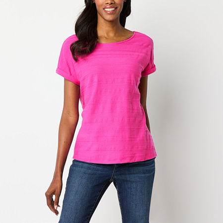 St. John's Bay Womens Crew Neck Short Sleeve T-Shirt, Petite Medium, Pink