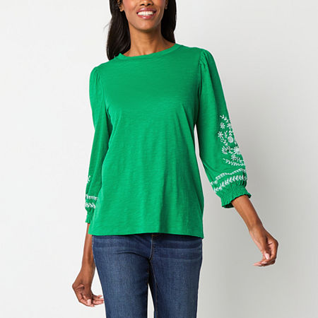 St. John's Bay Womens Round Neck 3/4 Sleeve Embroidered Blouse, Large, Green