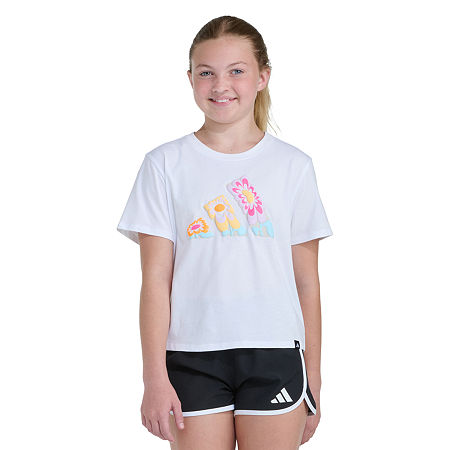 adidas Big Kid Girls Crew Neck Short Sleeve Regular Fit Graphic T-Shirt, Medium (10-12), White
