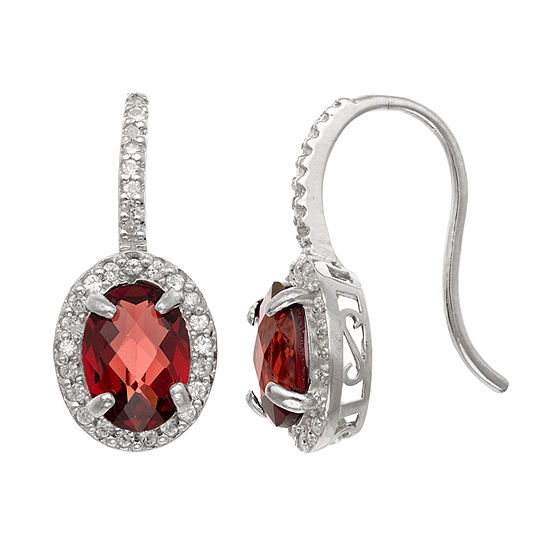Genuine Red Garnet Sterling Silver Oval Drop Earrings