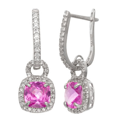 Womens Lab Created Pink Sapphire Sterling Silver Drop Earrings