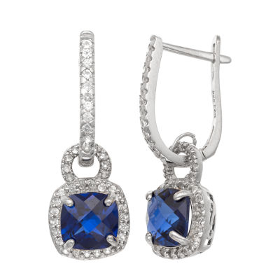 Lab Created Blue Sapphire Sterling Silver Cushion Drop Earrings