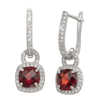 Genuine Red Garnet Sterling Silver Cushion Drop Earrings