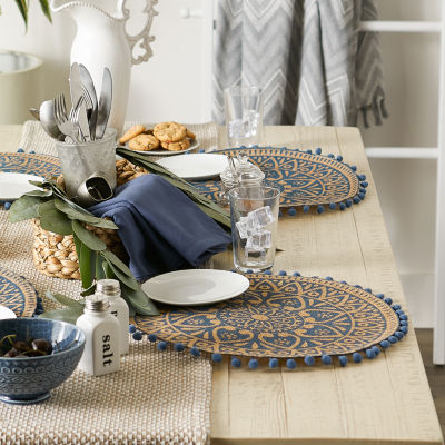 Design Imports French Blue Block Print On Natural Round Jute 6-pc. Table Linen Sets