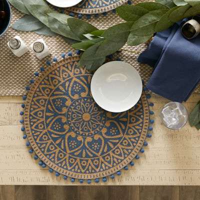 Design Imports French Blue Block Print On Natural Round Jute 6-pc. Table Linen Sets