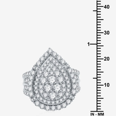 (H-I / I1) Womens 3 CT. T.W. Lab Grown White Diamond 10K White Gold Pear Halo Side Stone Cocktail Ring