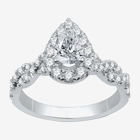 Signature By Modern Bride (H-I / I1) Womens 1 1/4 CT. T.W. Lab Grown White Diamond 10K Gold Pear Side Stone Halo Engagement Ring, 5, White