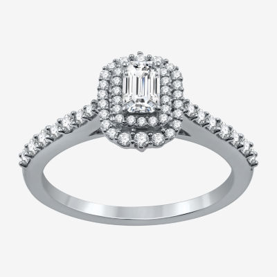 Signature By Modern Bride (H-I / I1) Womens 3/4 CT. T.W. Lab Grown White Diamond 10K White Gold Side Stone Halo Engagement Ring