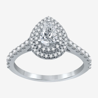 Signature By Modern Bride (H-I / I1) Womens 1 CT. T.W. Lab Grown White Diamond 10K White Gold Pear Side Stone Halo Engagement Ring