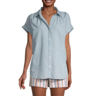 a.n.a Womens Short Sleeve Camp Shirt, Color Light Wash JCPenney