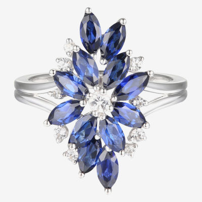 Womens Lab Created Blue Sapphire Sterling Silver Flower Cocktail Ring