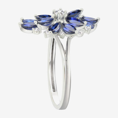 Womens Lab Created Blue Sapphire Sterling Silver Flower Cocktail Ring