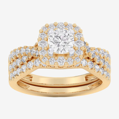 (G-H / Si1-Si2) Womens Lab Grown White Diamond 10K Gold Side Stone Halo Bridal Set