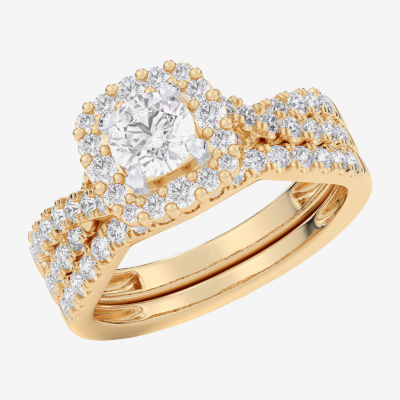 (G-H / Si1-Si2) Womens Lab Grown White Diamond 10K Gold Round Side Stone Halo Bridal Set