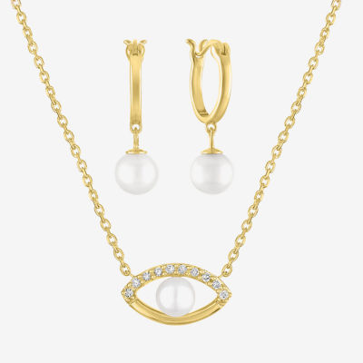 Diamond Addiction (G-H / Si2-I1) Accent Lab Grown White Cultured Freshwater Pearl 14K Gold Over Silver Sterling Evil Eye 2-pc. Jewelry Set