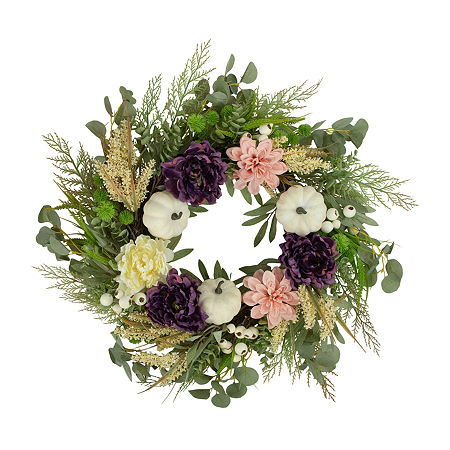 Northlight 24in Peony And Pumpkin Artificial Fall Wreath, One Size, White