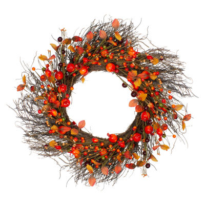 Northlight 24in Leaves And Berries Artificial Fall Twig Wreath