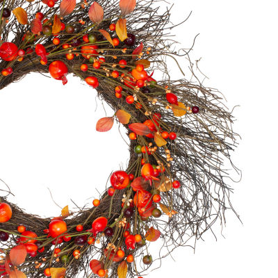 Northlight 24in Leaves And Berries Artificial Fall Twig Wreath