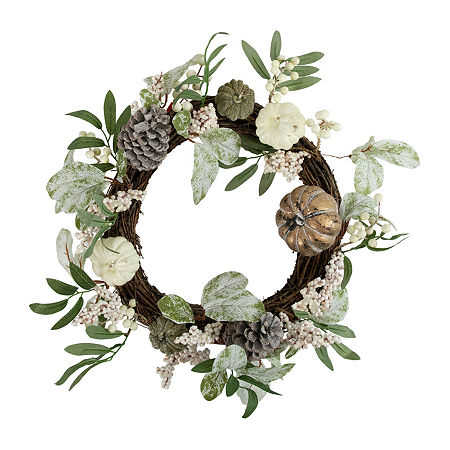 Northlight 20in Pumpkin And Berries With Pinecones Artificial Fall Harvest Twig Wreath, One Size, Green