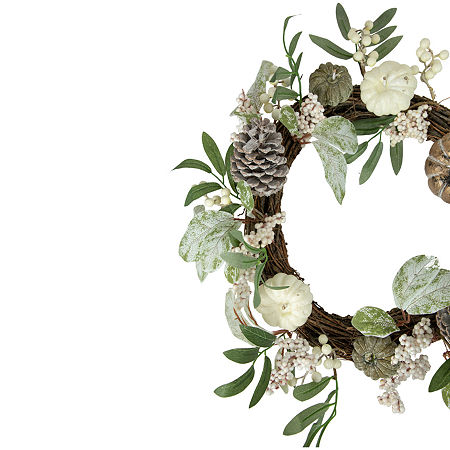 Northlight 20in Pumpkin And Berries With Pinecones Artificial Fall Harvest Twig Wreath, One Size, Green