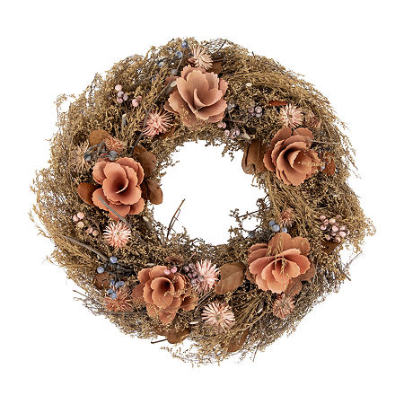 Northlight 13.75in Orange And Coral Pink Twig And Floral Autumn Harvest Wreath, One Size, Orange