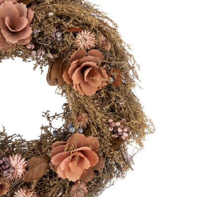Northlight 13.75in Orange And Coral Pink Twig And Floral Autumn Harvest Wreath