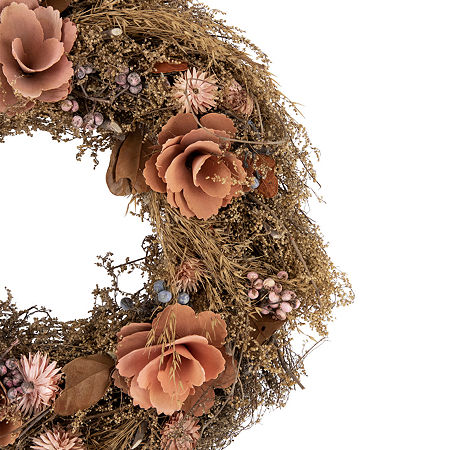 Northlight 13.75in Orange And Coral Pink Twig And Floral Autumn Harvest Wreath, One Size, Orange