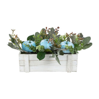 Northlight 18in Fall Harvest Foliage And Blue Pumpkins Wood Planter