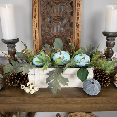 Northlight 18in Fall Harvest Foliage And Blue Pumpkins Wood Planter