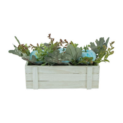 Northlight 18in Fall Harvest Foliage And Blue Pumpkins Wood Planter