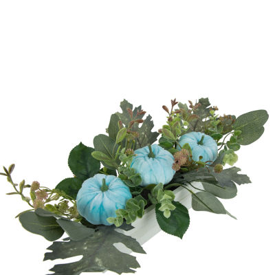 Northlight 18in Fall Harvest Foliage And Blue Pumpkins Wood Planter