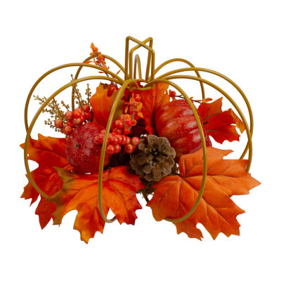 Northlight 12in Autumn Harvest Maple Leaf And Berry Pumpkin Centerpiece Tabletop Decor
