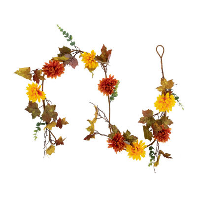 Northlight 5.5' X 6" Autumn Harvest Orange And Yellow Mums With Maple Leaves Garland