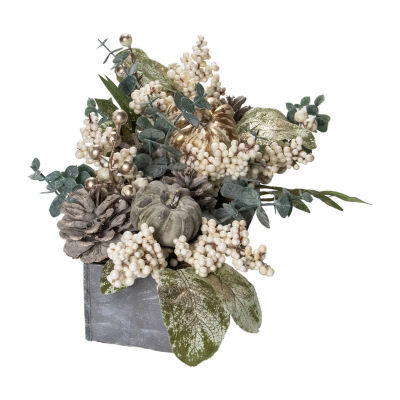 Northlight 10.25in Neutral Colored Pumpkin And Leaves Fall Harvest Floral Arrangement