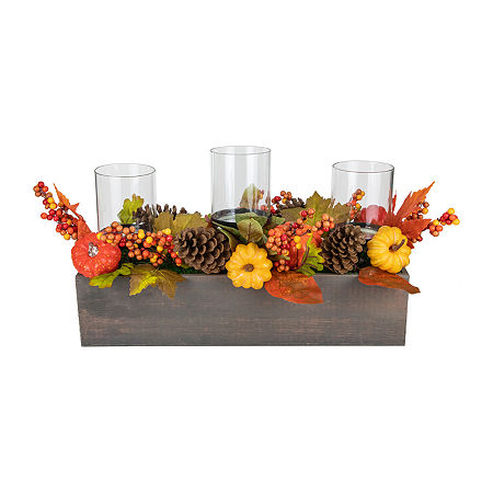 Northlight 27in Pumpkin Berry And Pine Cone Fall Harvest Triple Pillar Candle Holder, One Size, Orange