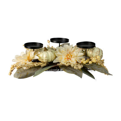 Northlight 21in White Dahlia And Pumpkin Fall Centerpiece Candle Holder