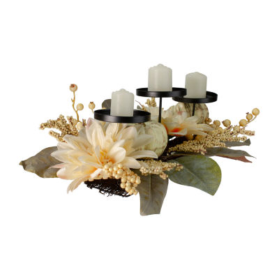 Northlight 21in White Dahlia And Pumpkin Fall Centerpiece Candle Holder