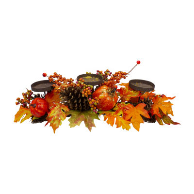 Northlight 21in Orange Fall Harvest Leaves And Pumpkins Candle Holder