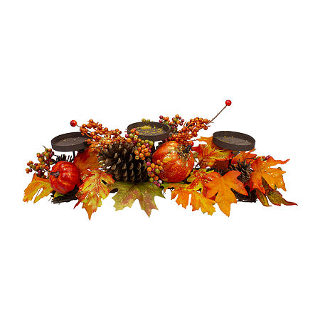 Northlight 21in Orange Fall Harvest Leaves And Pumpkins Candle Holder, One Size, Orange