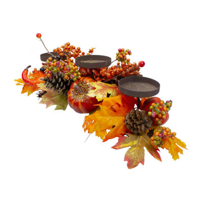 Northlight 21in Orange Fall Harvest Leaves And Pumpkins Candle Holder