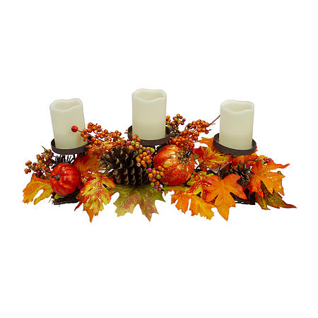 Northlight 21in Orange Fall Harvest Leaves And Pumpkins Candle Holder, One Size, Orange