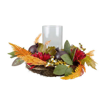 Northlight 22in Mums With Pomegranate Fall Centerpiece Candle Holder